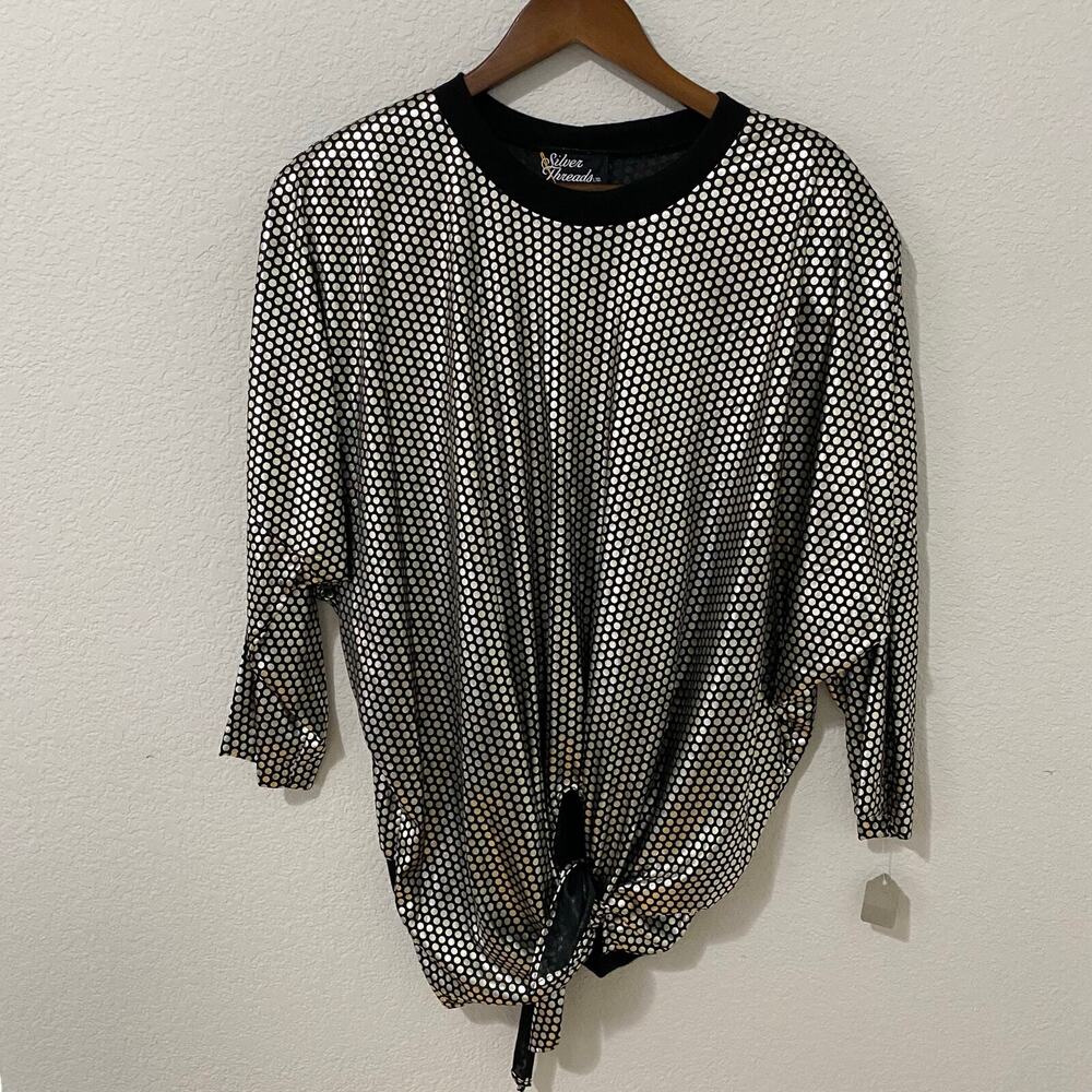 Vintage Silver Threads Metallic Dot Blouse XS/S Tie Waist Top 3/4 Sleeve Retro
